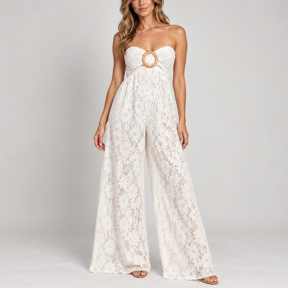 12th Tribe Bonjour White Lace Strapless Jumpsuit XS Floral Tie Back Boho